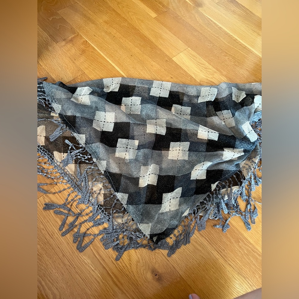 Gray Black Shimmer Fringe Tassel Checkered Women’s Scarf Middle Eastern Inspired